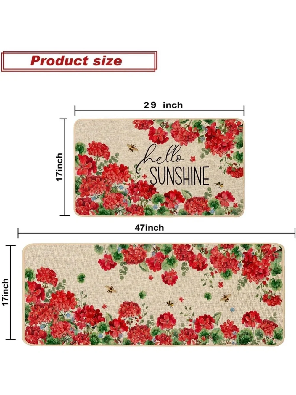 New Baccessor Summer Kitchen Mats Set of 2, Geranium Floral Bee Kitchen Rugs